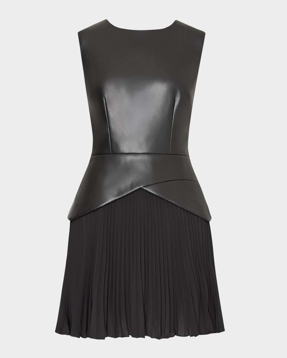 Haddy Faux Leather & Pleated Chiffon Mini Dress
